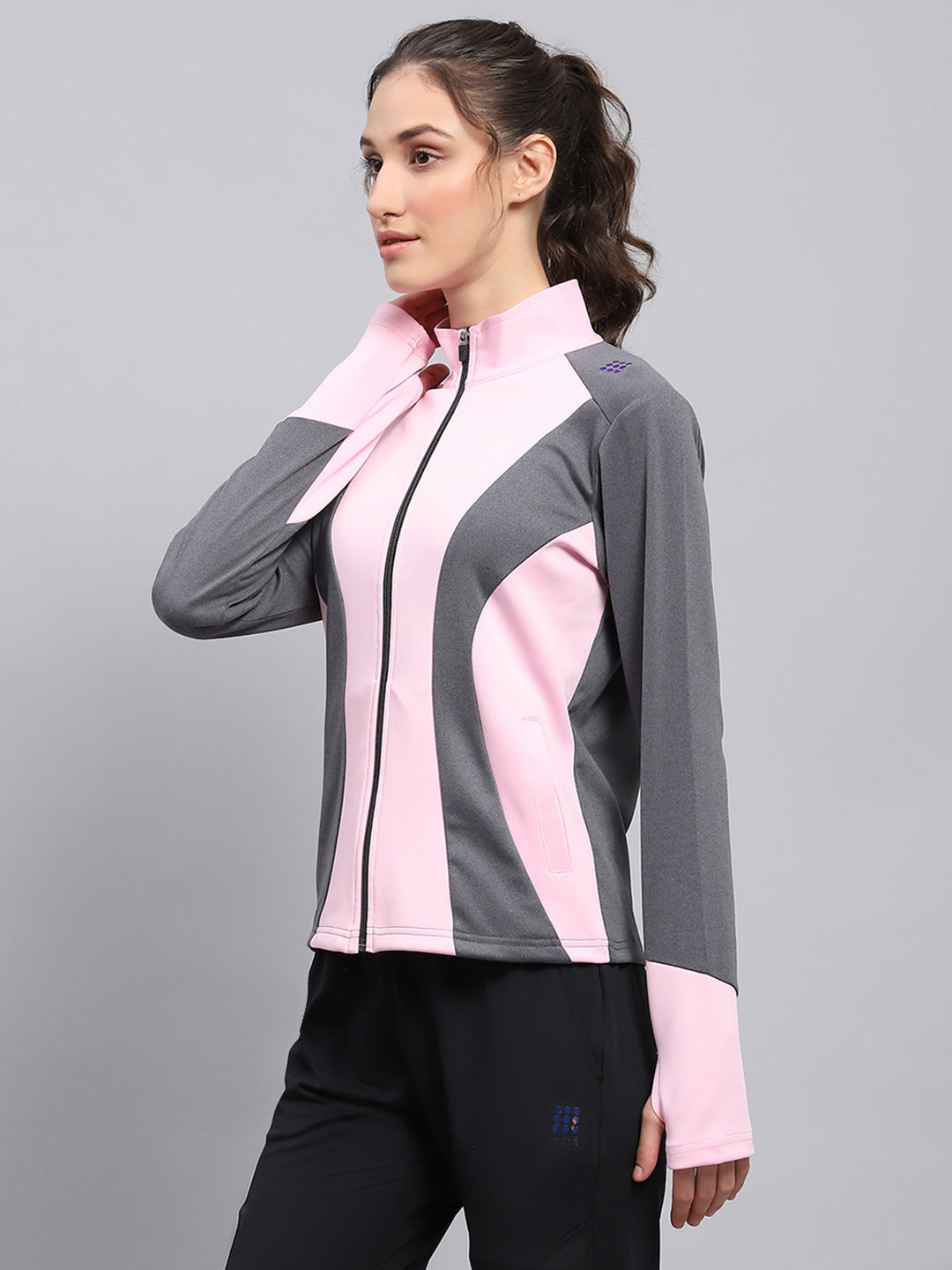 Rock.it Women Pink & Grey Solid Mock Neck Full Sleeve Sweatshirt