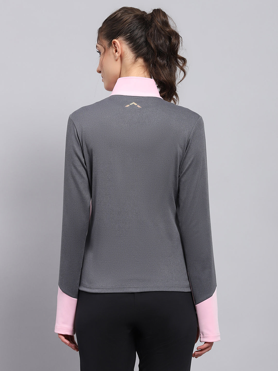 Rock.it Women Pink & Grey Solid Mock Neck Full Sleeve Sweatshirt