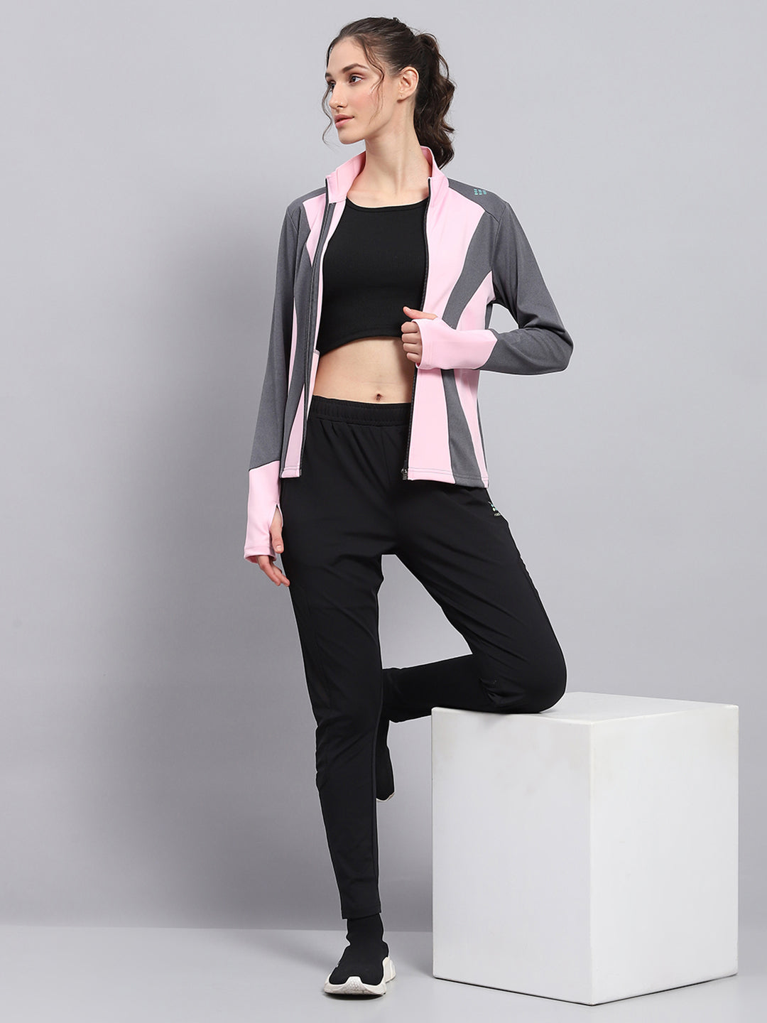 Rock.it Women Pink & Grey Solid Mock Neck Full Sleeve Sweatshirt