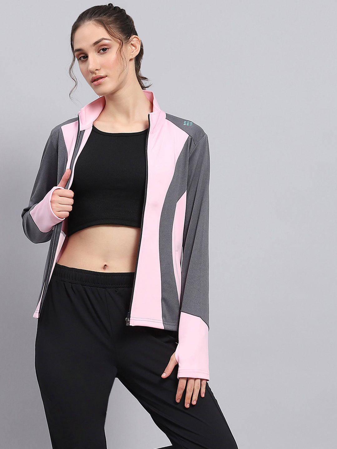 Rock.it Women Pink & Grey Solid Mock Neck Full Sleeve Sweatshirt