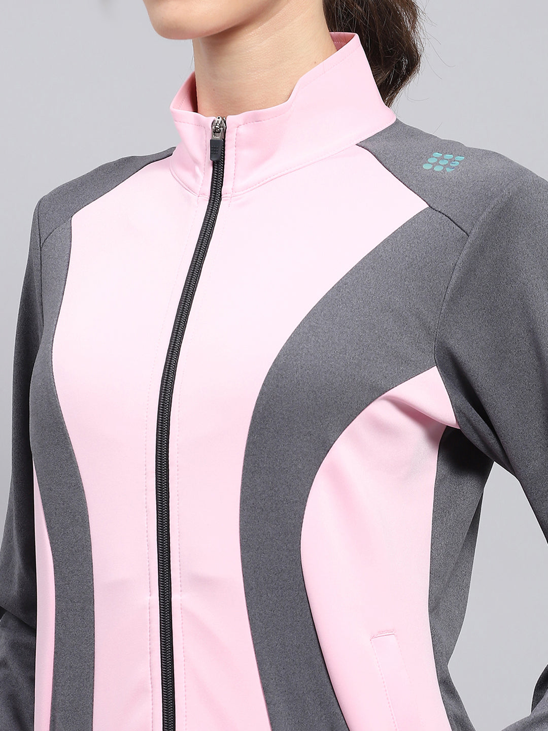 Rock.it Women Pink & Grey Solid Mock Neck Full Sleeve Sweatshirt