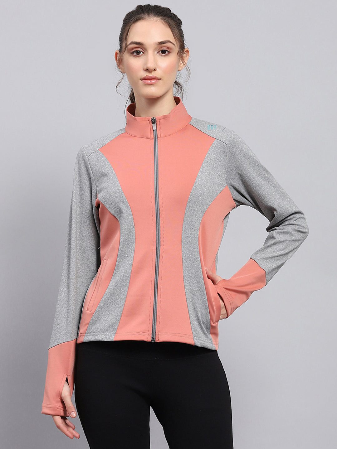 Rock.it Women Coral & Grey Solid Mock Neck Full Sleeve Sweatshirt