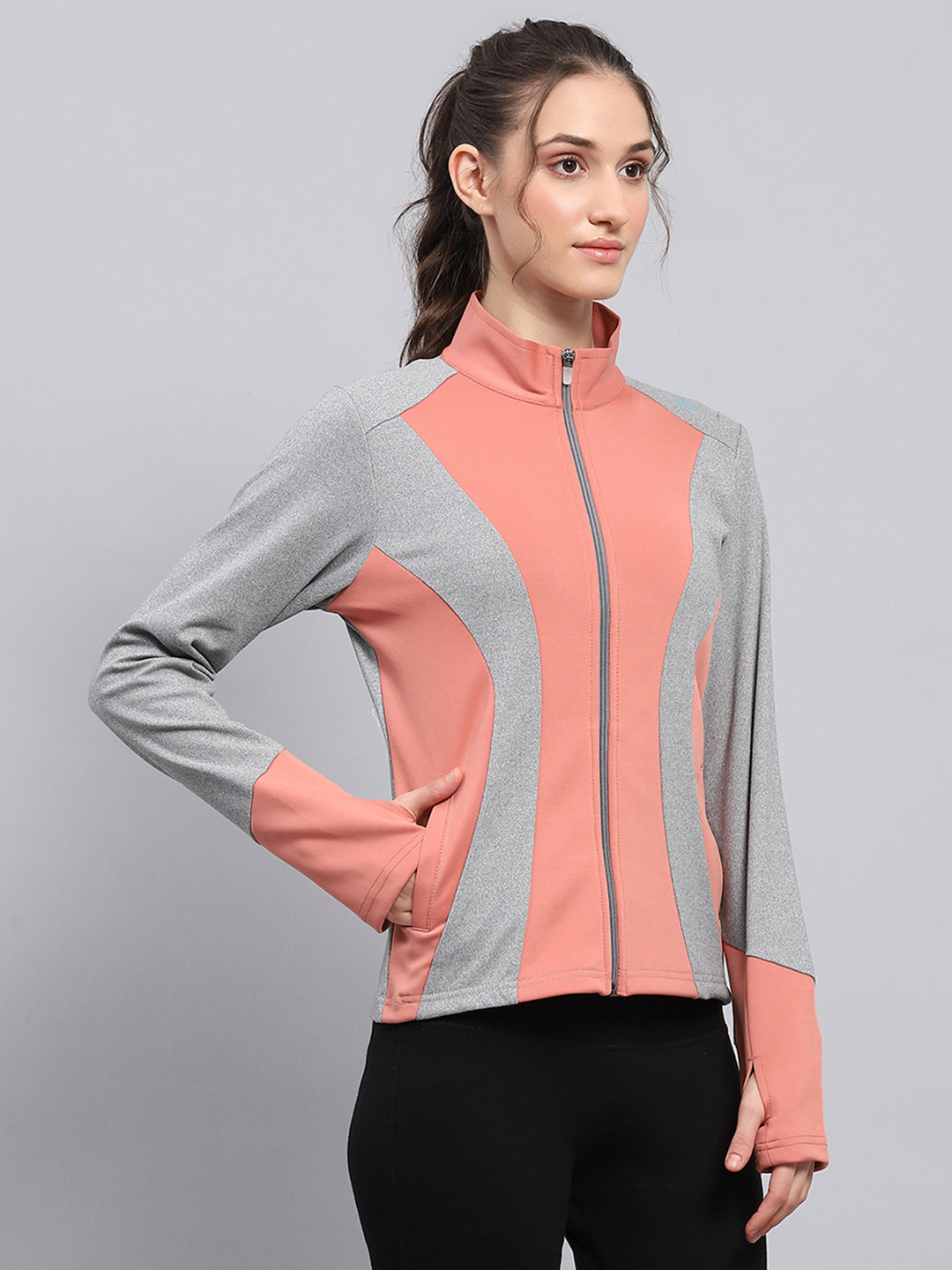 Rock.it Women Coral & Grey Solid Mock Neck Full Sleeve Sweatshirt