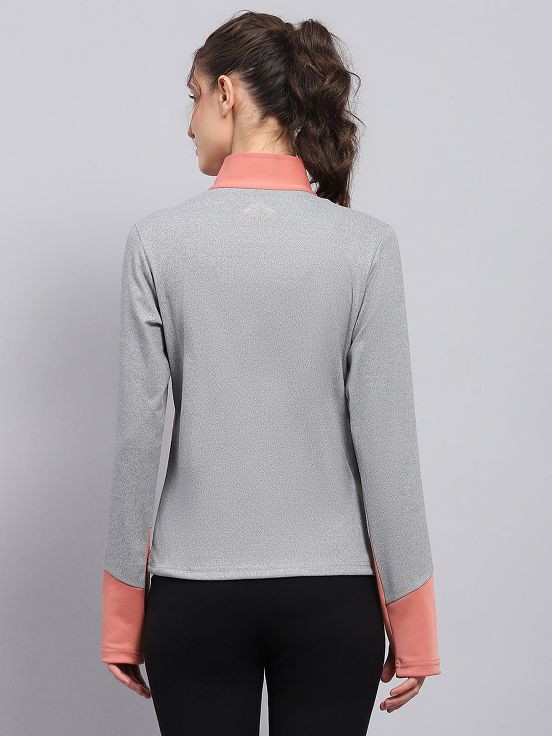 Rock.it Women Coral & Grey Solid Mock Neck Full Sleeve Sweatshirt