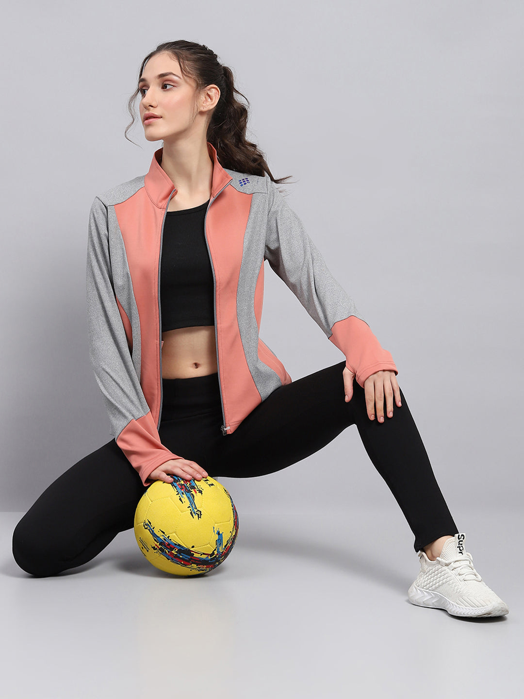 Rock.it Women Coral & Grey Solid Mock Neck Full Sleeve Sweatshirt