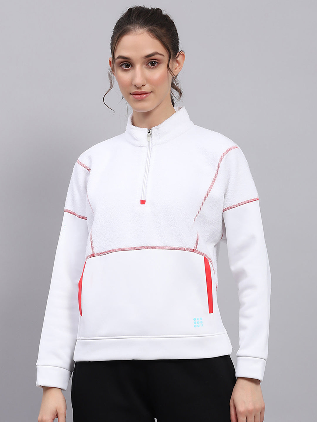 Rock.it Women White Solid Mock Neck Full Sleeve Sweatshirt