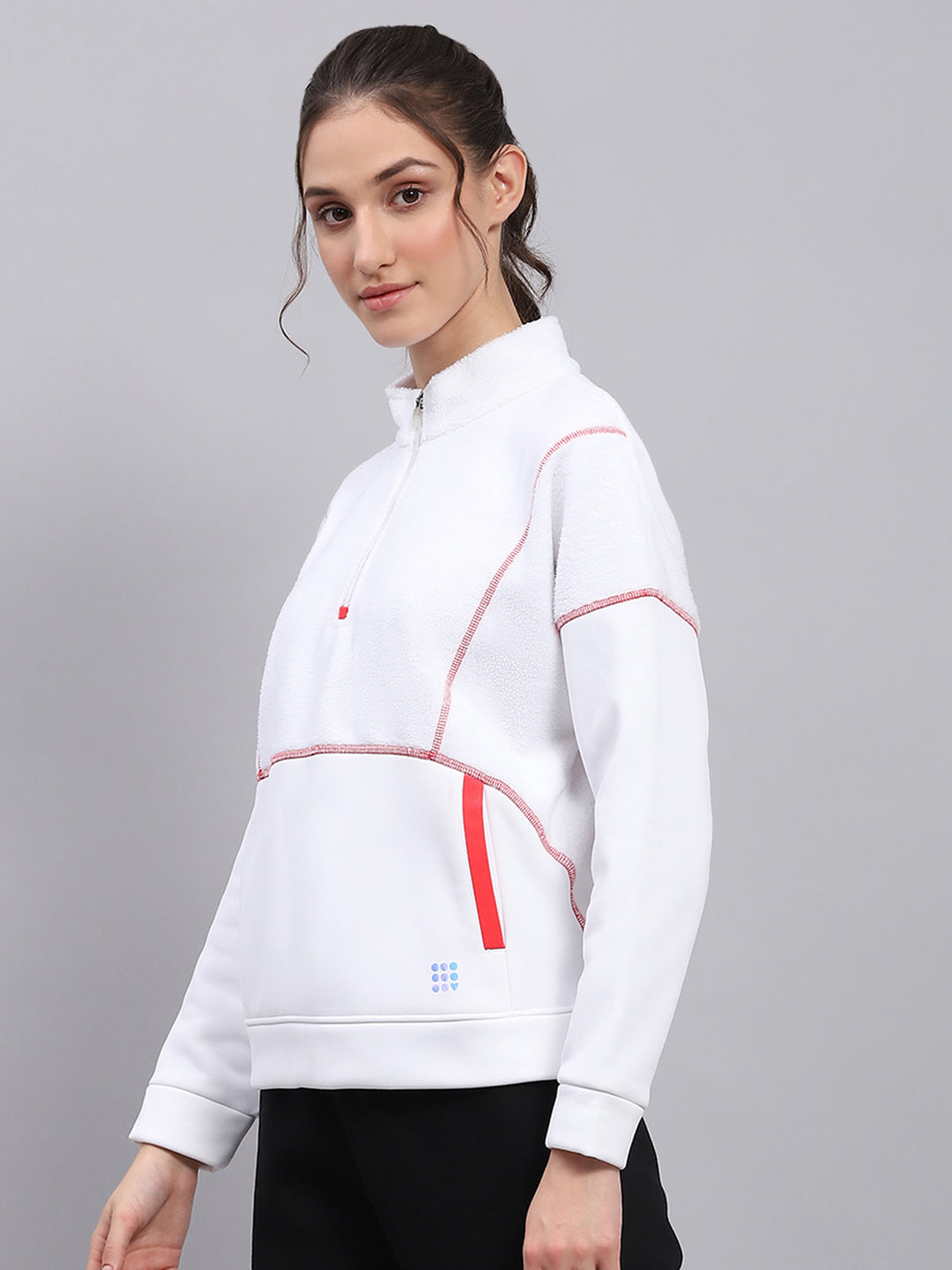 Rock.it Women White Solid Mock Neck Full Sleeve Sweatshirt