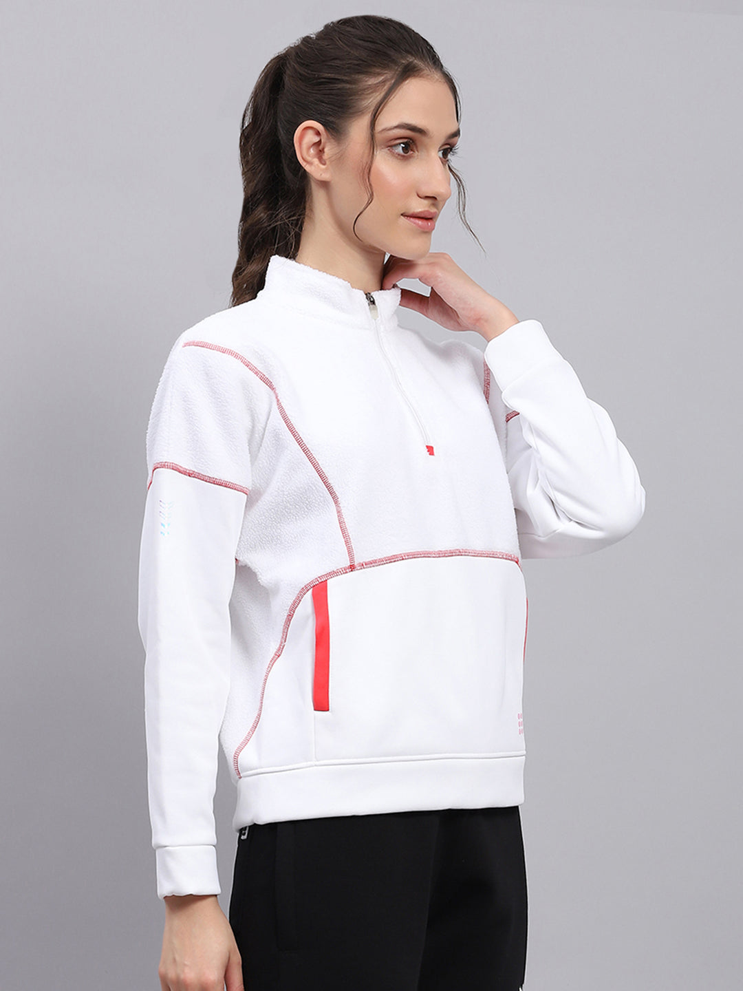 Rock.it Women White Solid Mock Neck Full Sleeve Sweatshirt