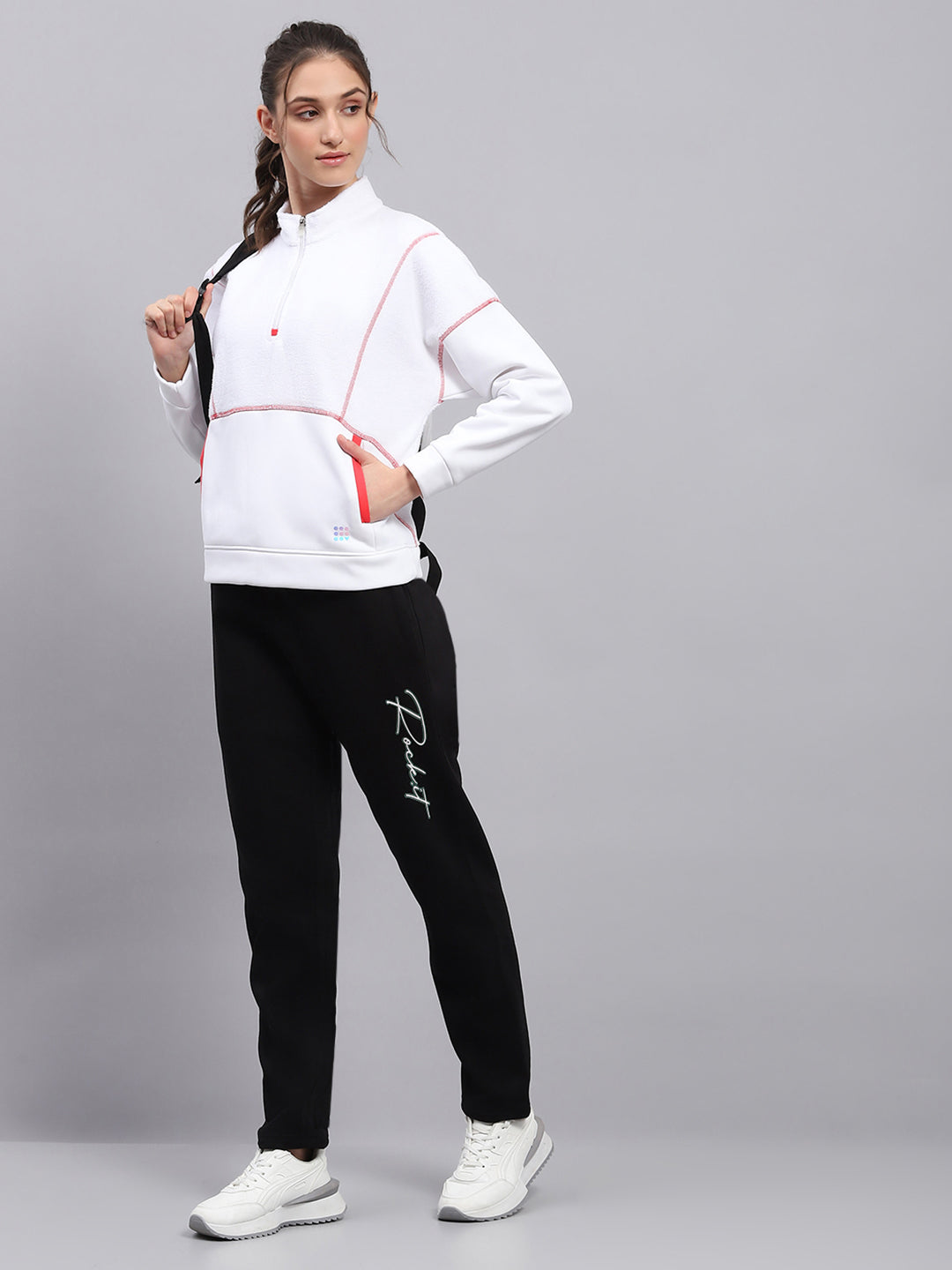 Rock.it Women White Solid Mock Neck Full Sleeve Sweatshirt
