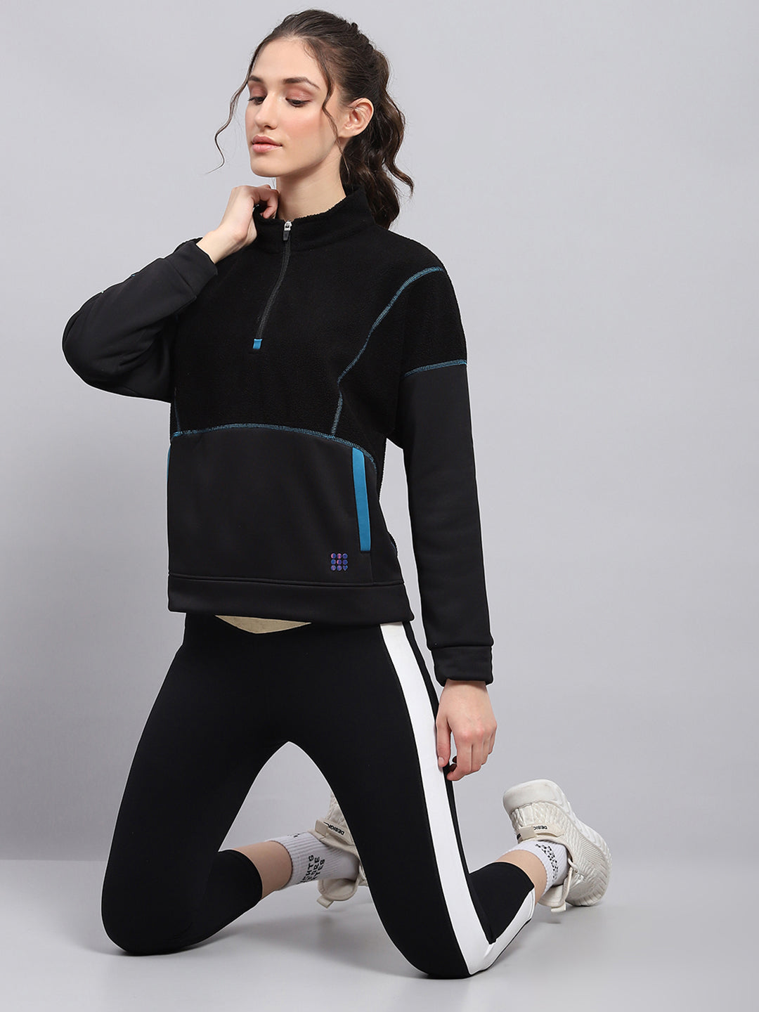 Rock.it Women Black Solid Mock Neck Full Sleeve Sweatshirt