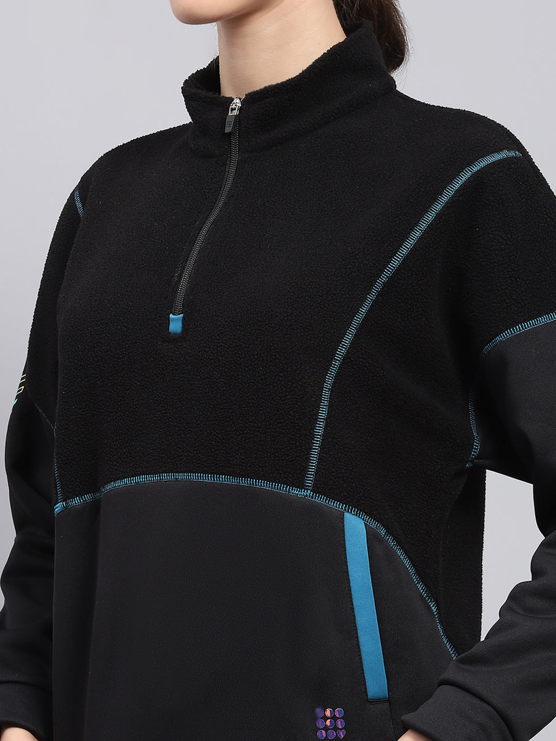 Rock.it Women Black Solid Mock Neck Full Sleeve Sweatshirt