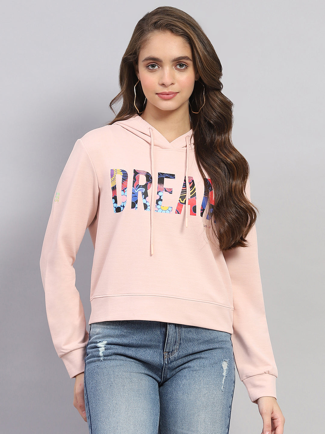 Rock.it Women Peach Printed Hooded Full Sleeve Sweatshirt