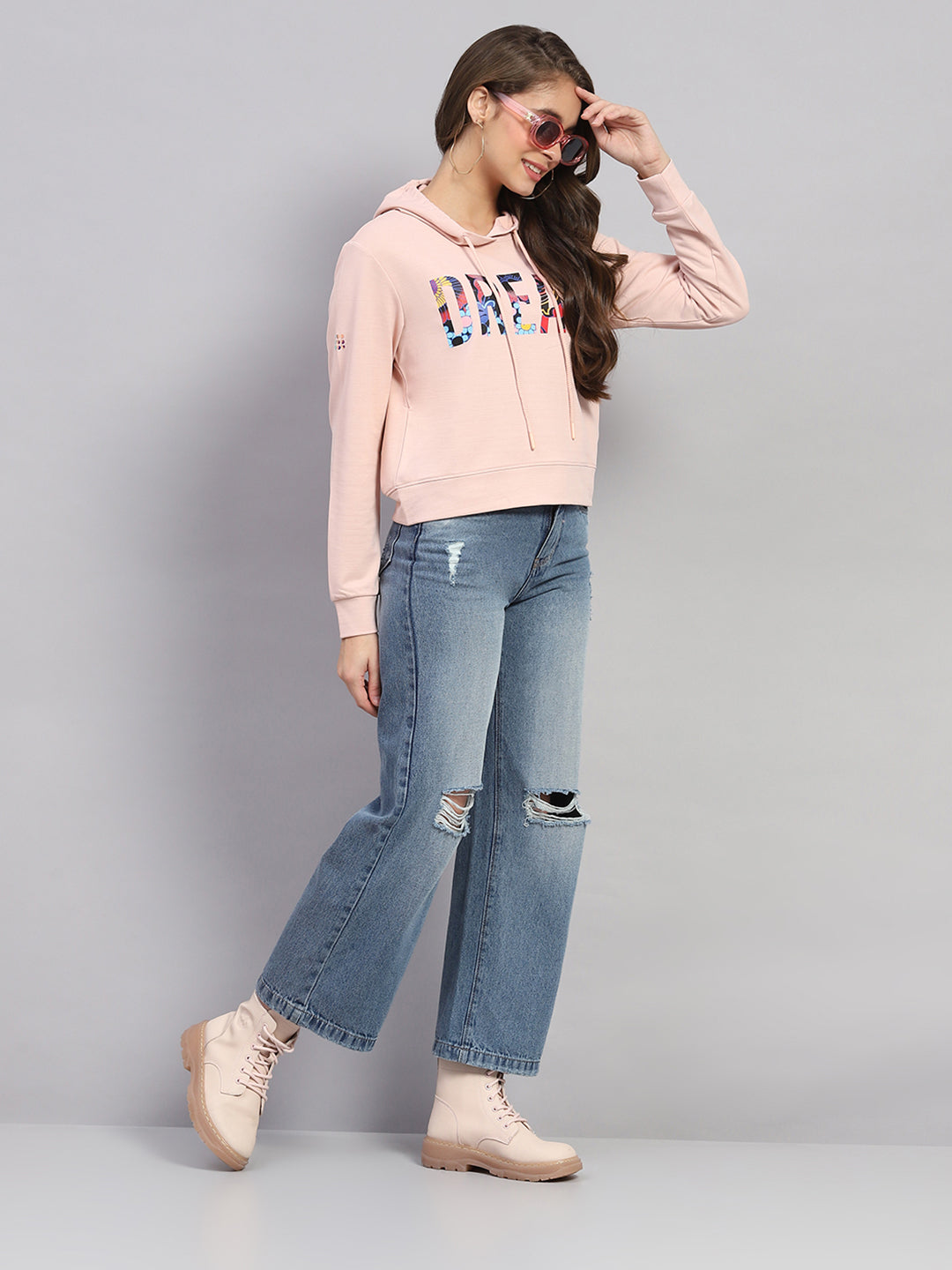 Rock.it Women Peach Printed Hooded Full Sleeve Sweatshirt