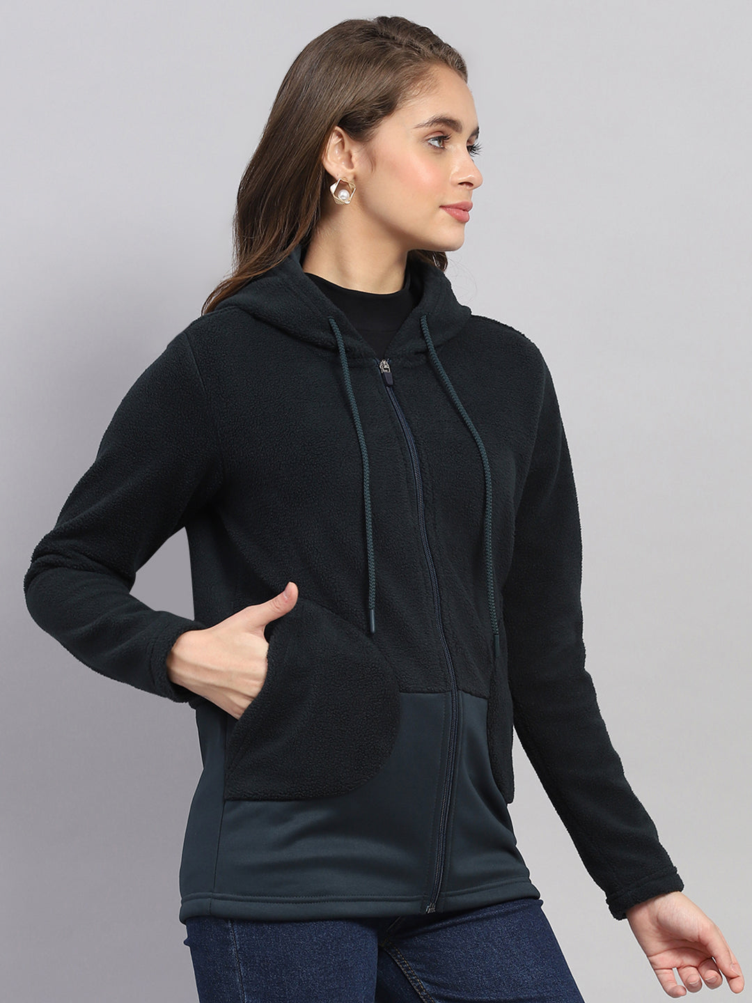 Rock.it Women Green Solid Hooded Full Sleeve Sweatshirt