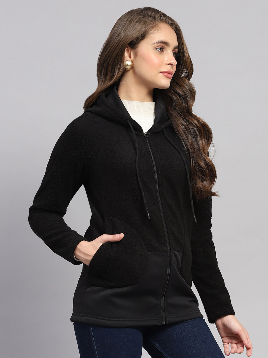 Rock.it Women Black Solid Hooded Full Sleeve Sweatshirt