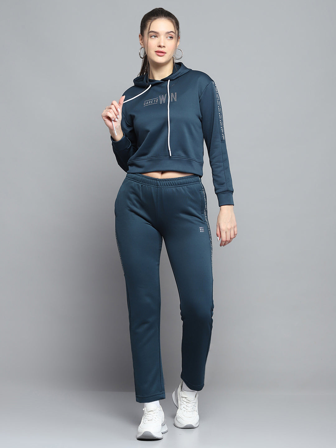 Rock.it Women Teal Blue Printed Hooded Full Sleeve Tracksuit