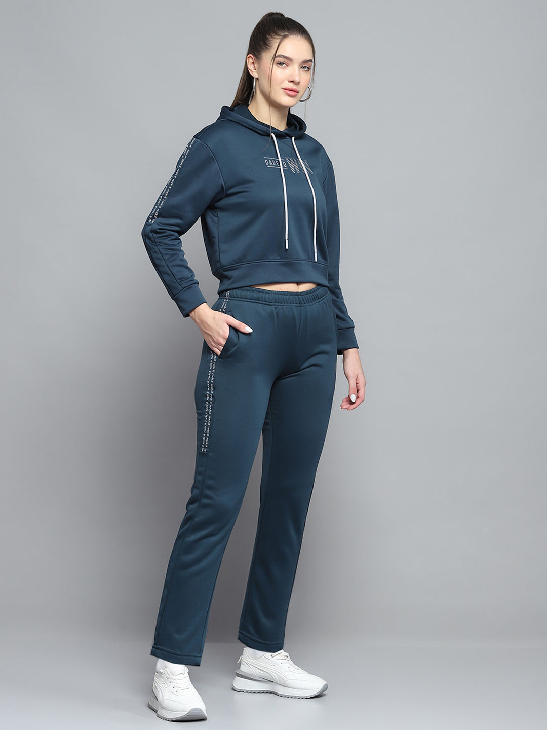 Rock.it Women Teal Blue Printed Hooded Full Sleeve Tracksuit