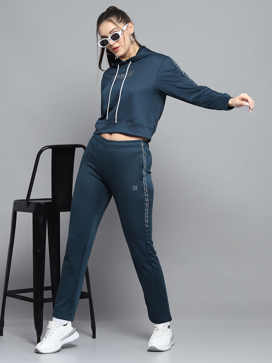 Rock.it Women Teal Blue Printed Hooded Full Sleeve Tracksuit