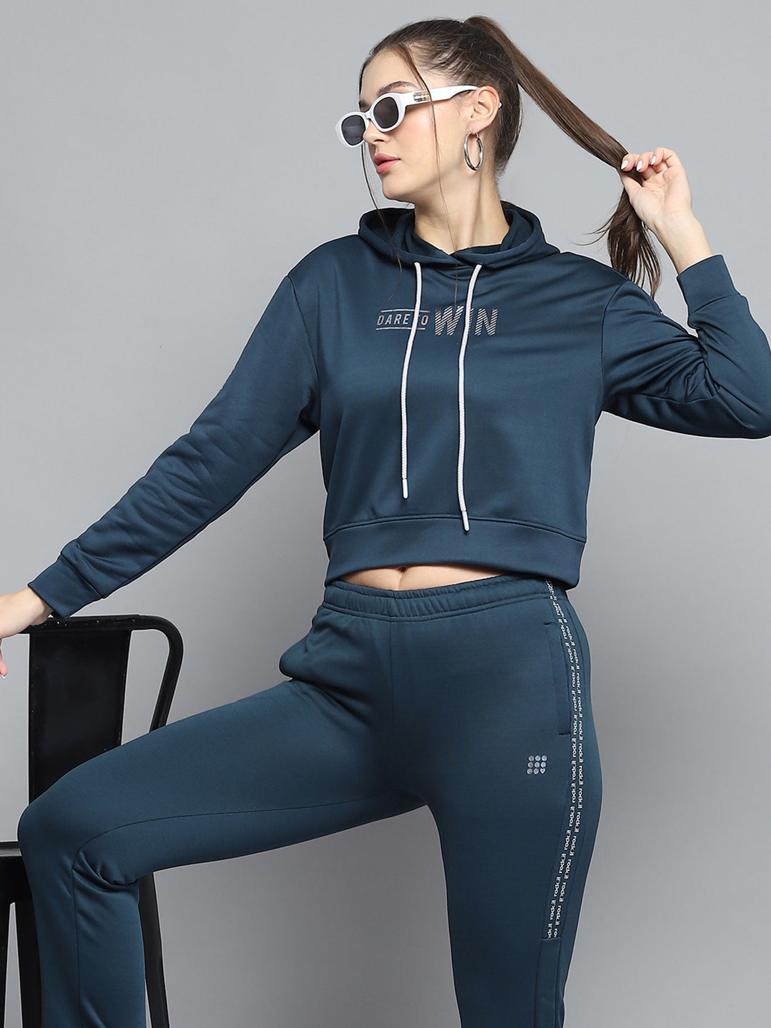 Rock.it Women Teal Blue Printed Hooded Full Sleeve Tracksuit