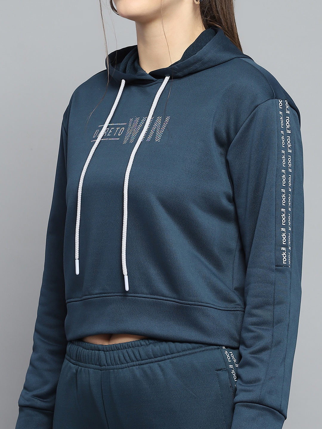 Rock.it Women Teal Blue Printed Hooded Full Sleeve Tracksuit