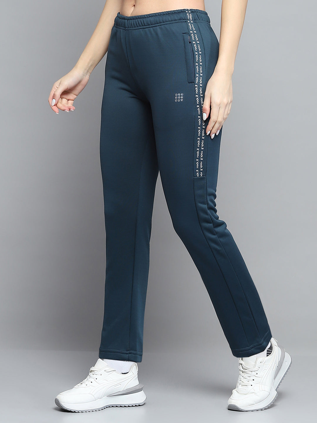 Rock.it Women Teal Blue Printed Hooded Full Sleeve Tracksuit