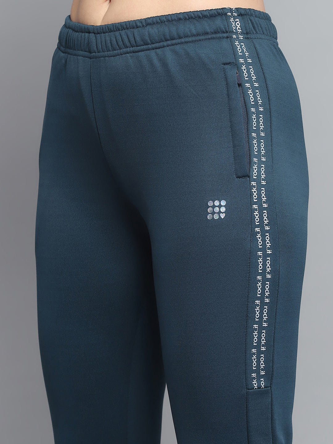 Rock.it Women Teal Blue Printed Hooded Full Sleeve Tracksuit