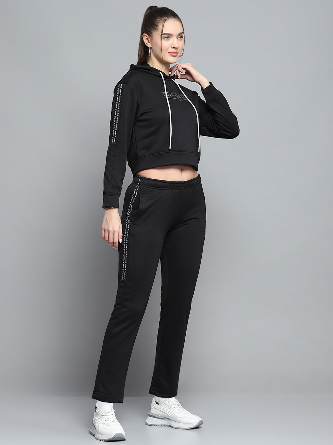 Rock.it Women Black Printed Hooded Full Sleeve Tracksuit