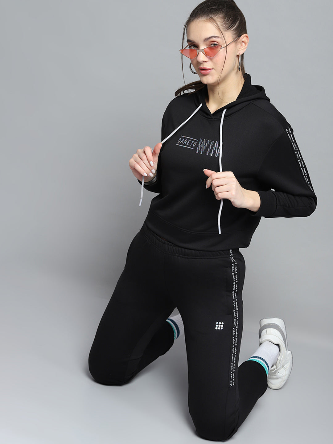Rock.it Women Black Printed Hooded Full Sleeve Tracksuit
