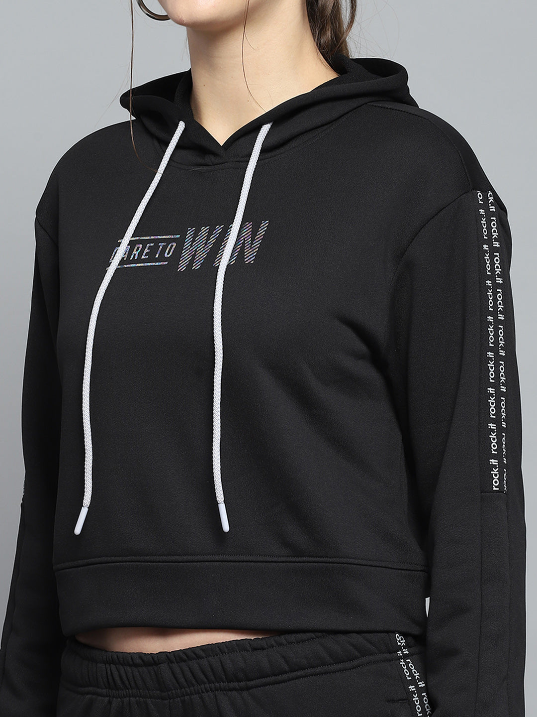 Rock.it Women Black Printed Hooded Full Sleeve Tracksuit