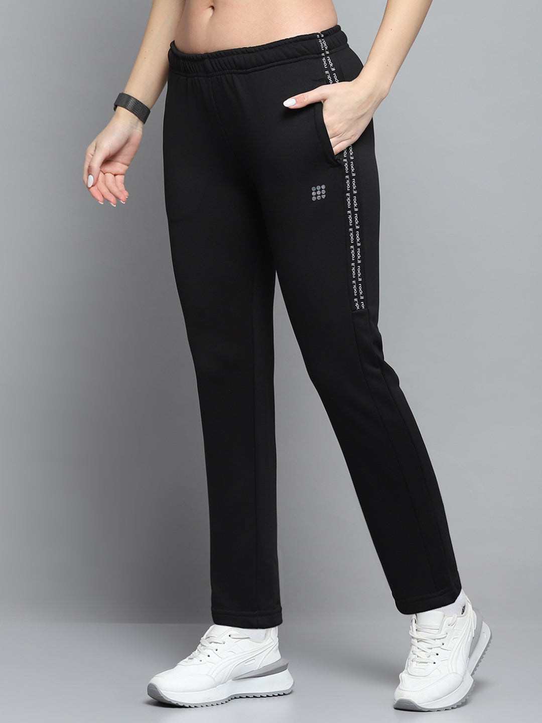 Rock.it Women Black Printed Hooded Full Sleeve Tracksuit