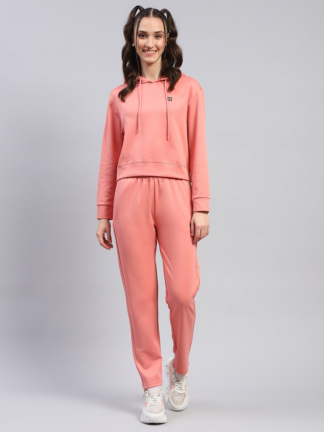 Rock.it Women Peach Solid Hooded Full Sleeve Tracksuit