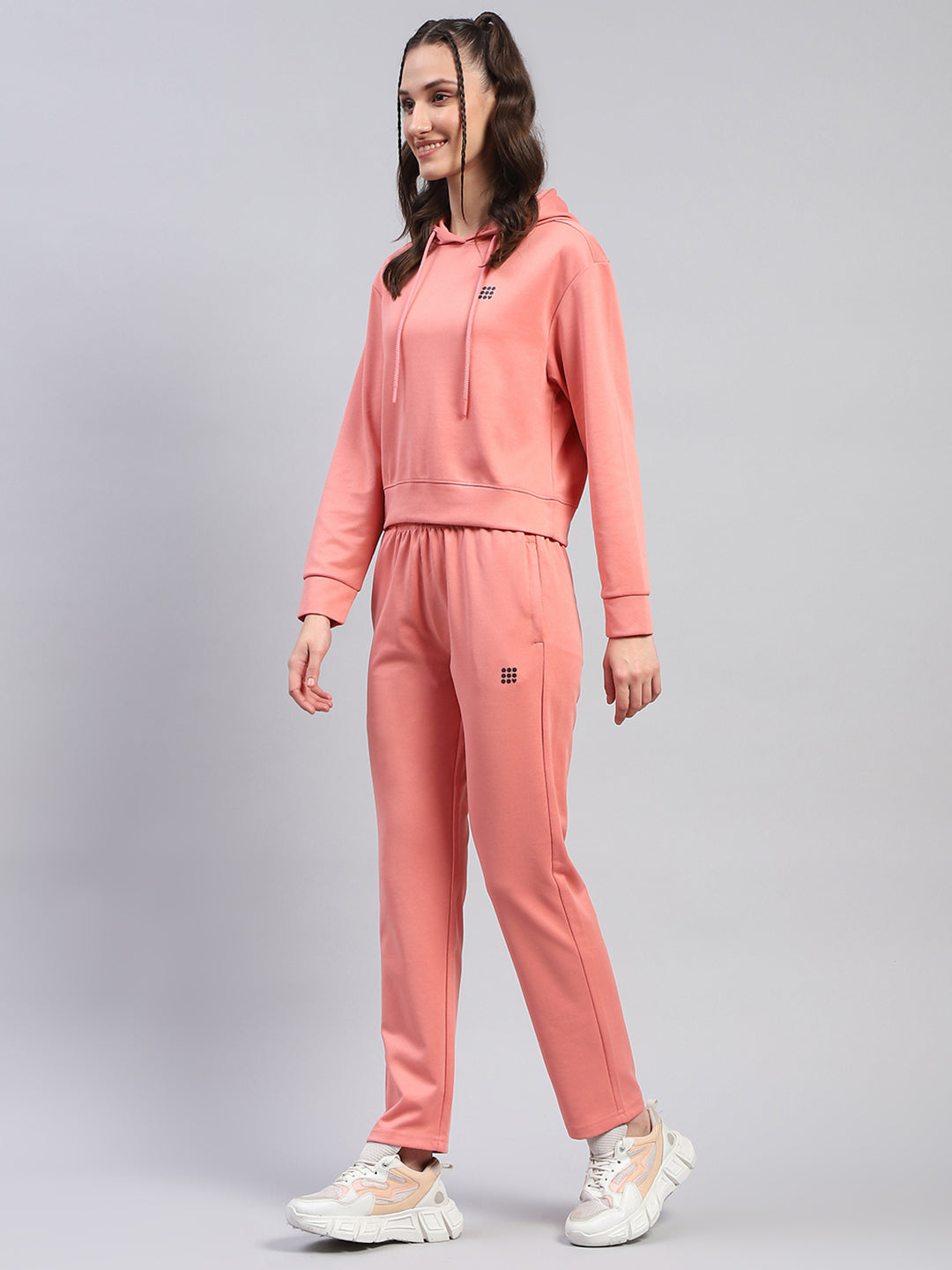 Rock.it Women Peach Solid Hooded Full Sleeve Tracksuit