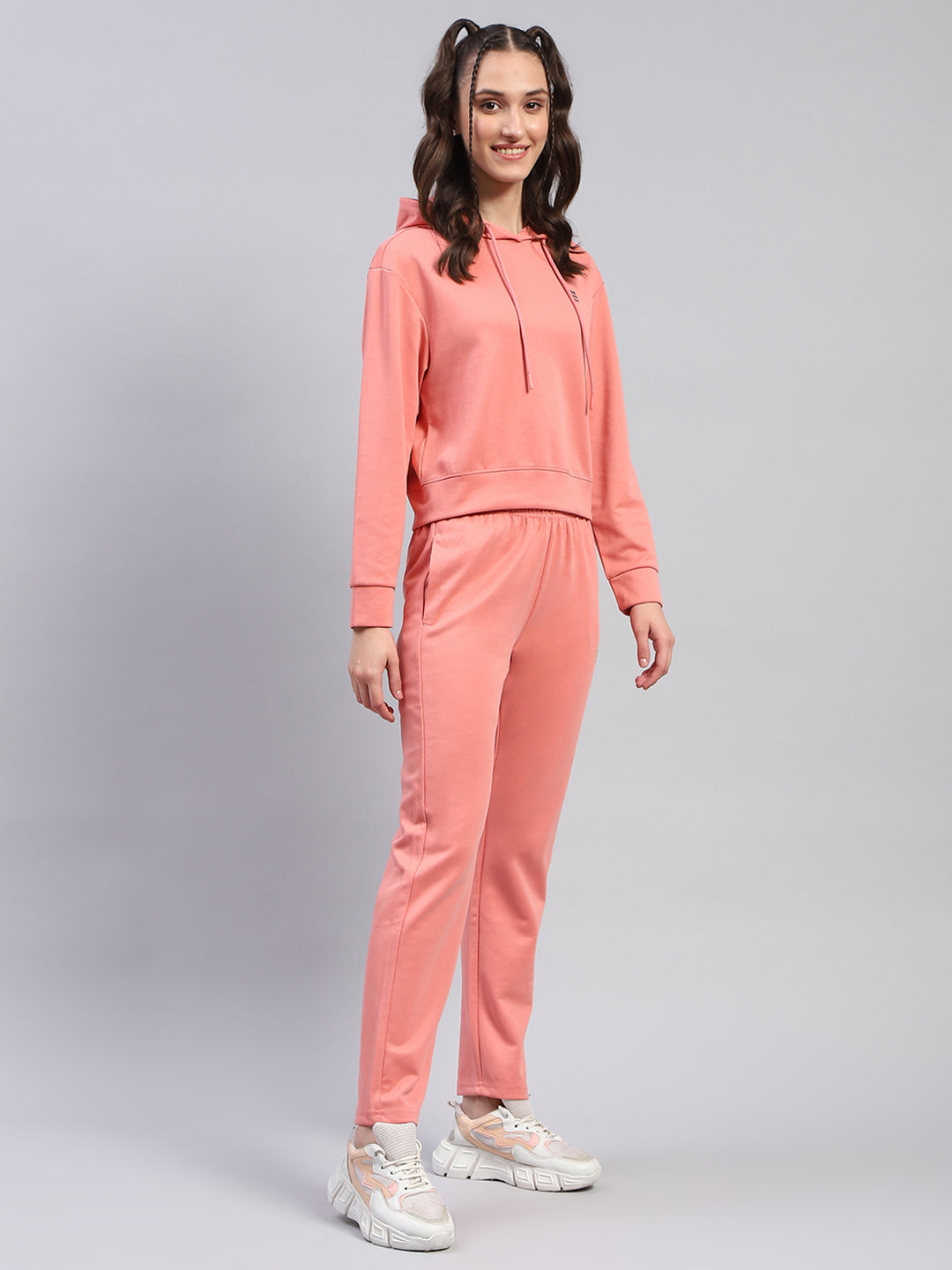 Rock.it Women Peach Solid Hooded Full Sleeve Tracksuit