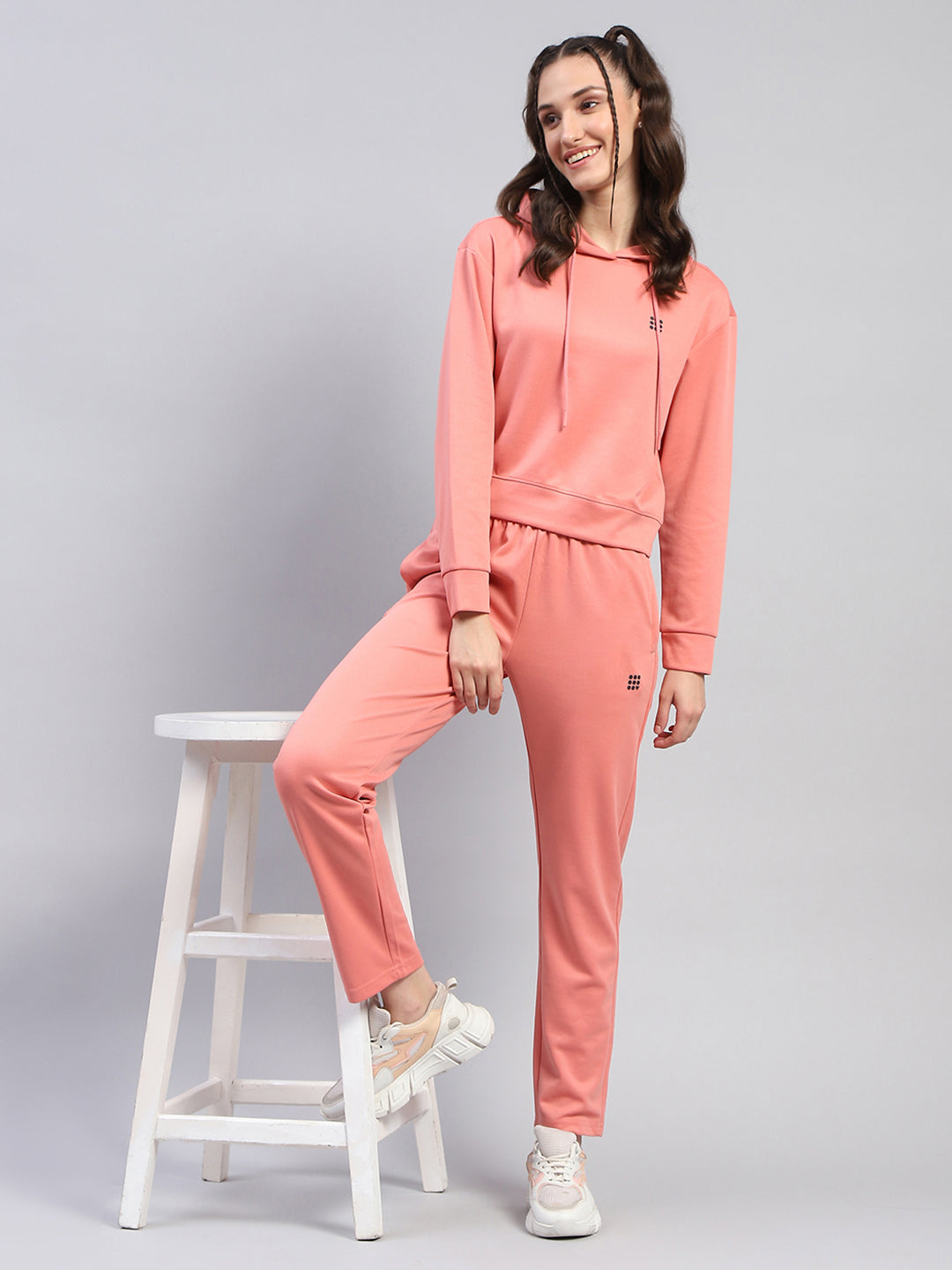 Rock.it Women Peach Solid Hooded Full Sleeve Tracksuit