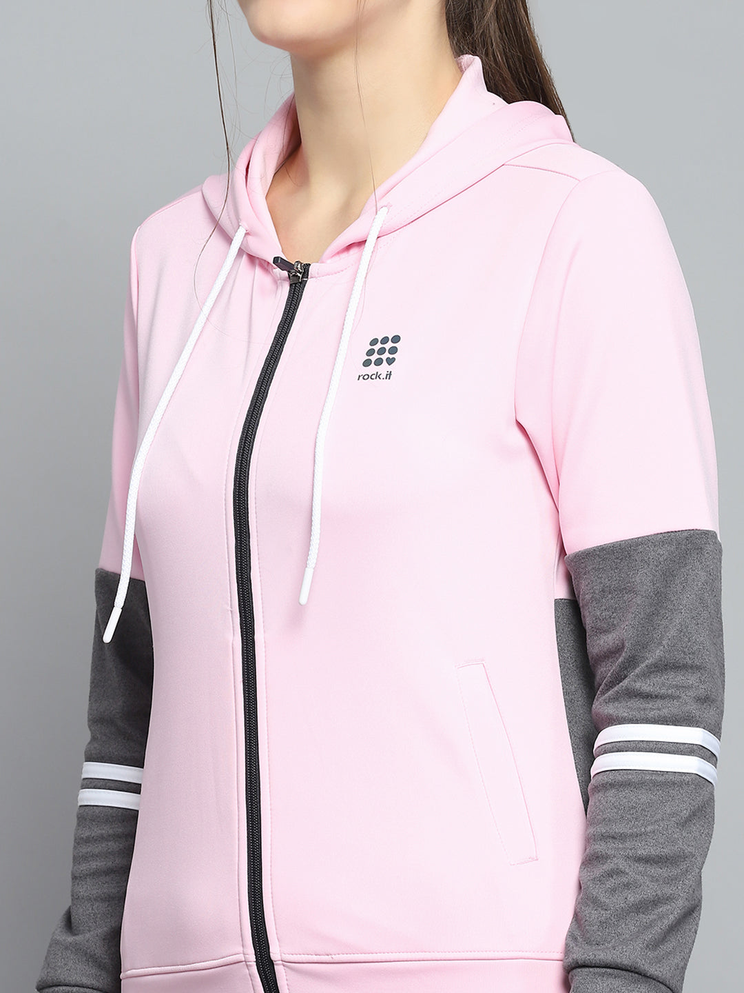 Rock.it Women Pink Solid Hooded Full Sleeve Tracksuit