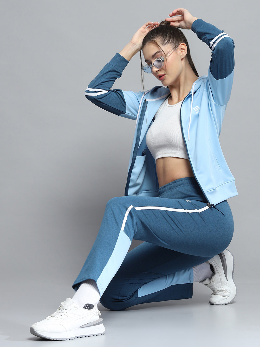 Rock.it Women Blue Solid Hooded Full Sleeve Tracksuit