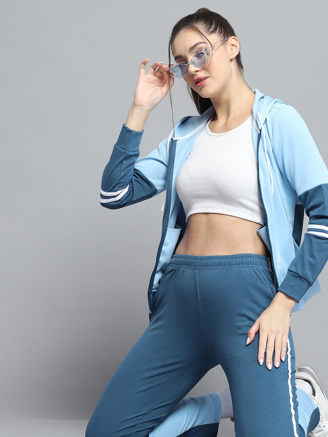 Rock.it Women Blue Solid Hooded Full Sleeve Tracksuit