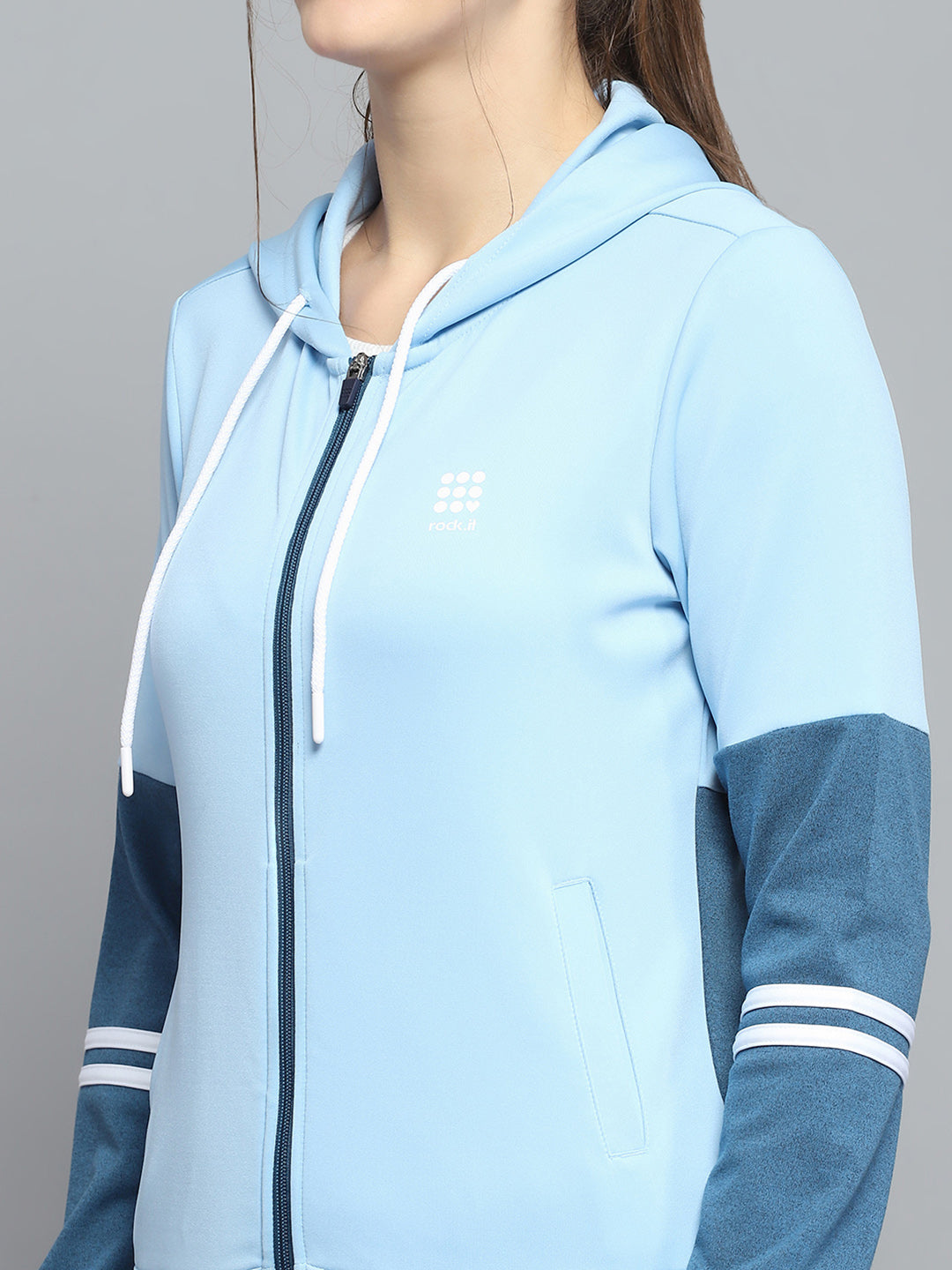 Rock.it Women Blue Solid Hooded Full Sleeve Tracksuit