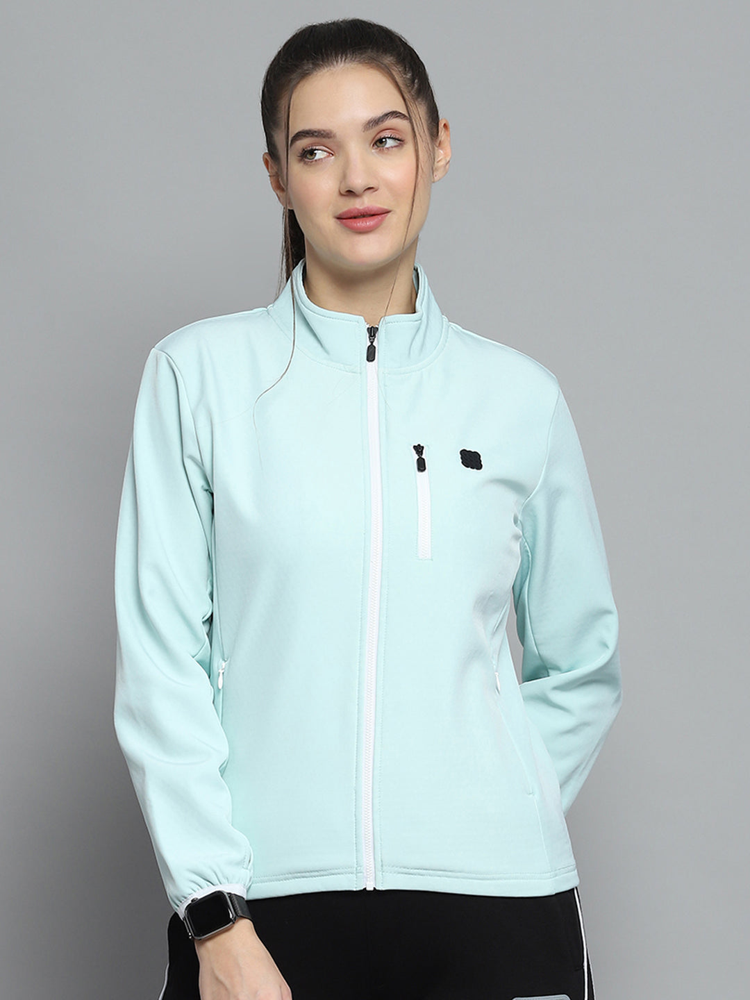 Rock.it Women Green Solid Mock Neck Full Sleeve Sweatshirt