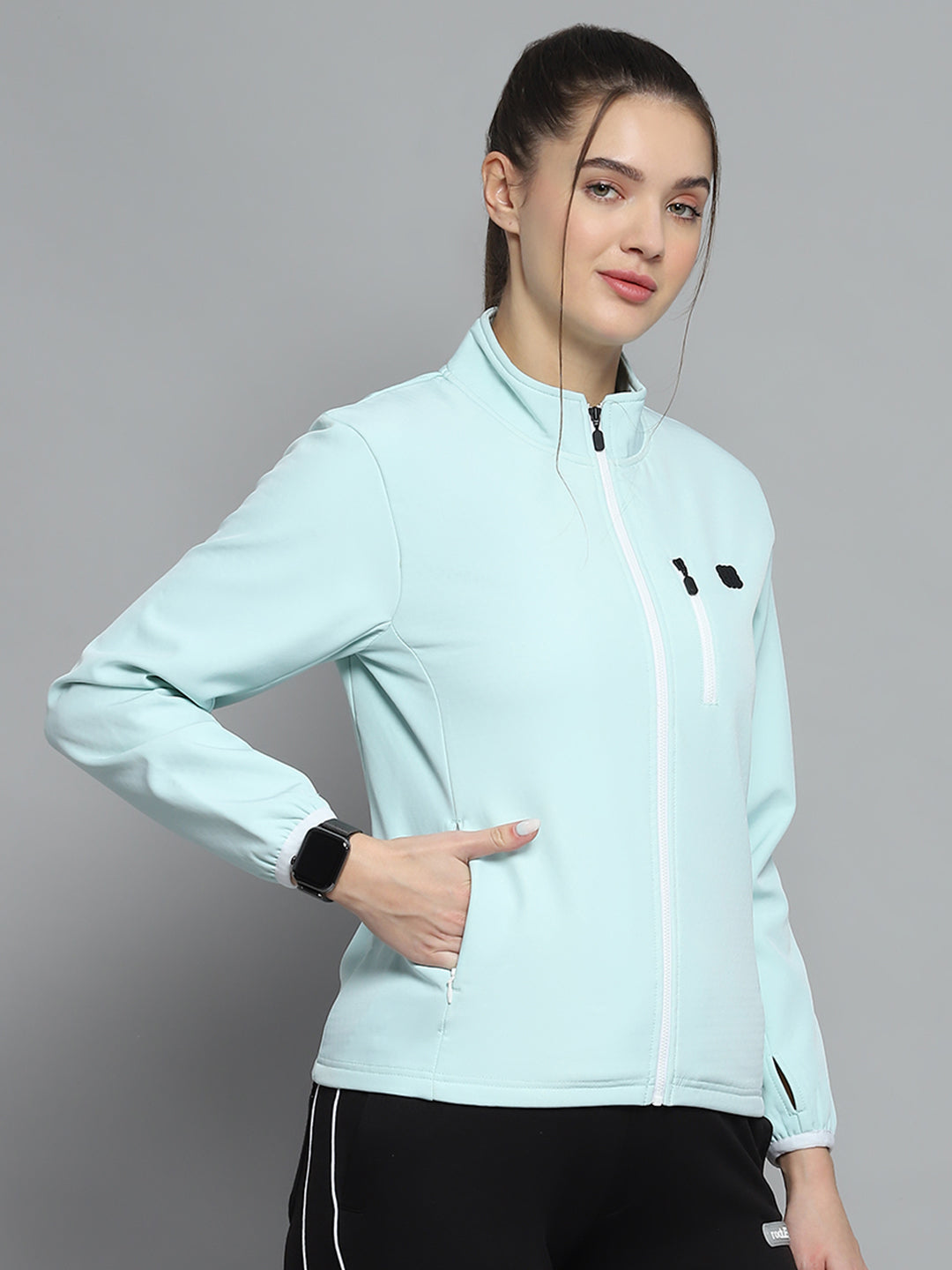 Rock.it Women Green Solid Mock Neck Full Sleeve Sweatshirt