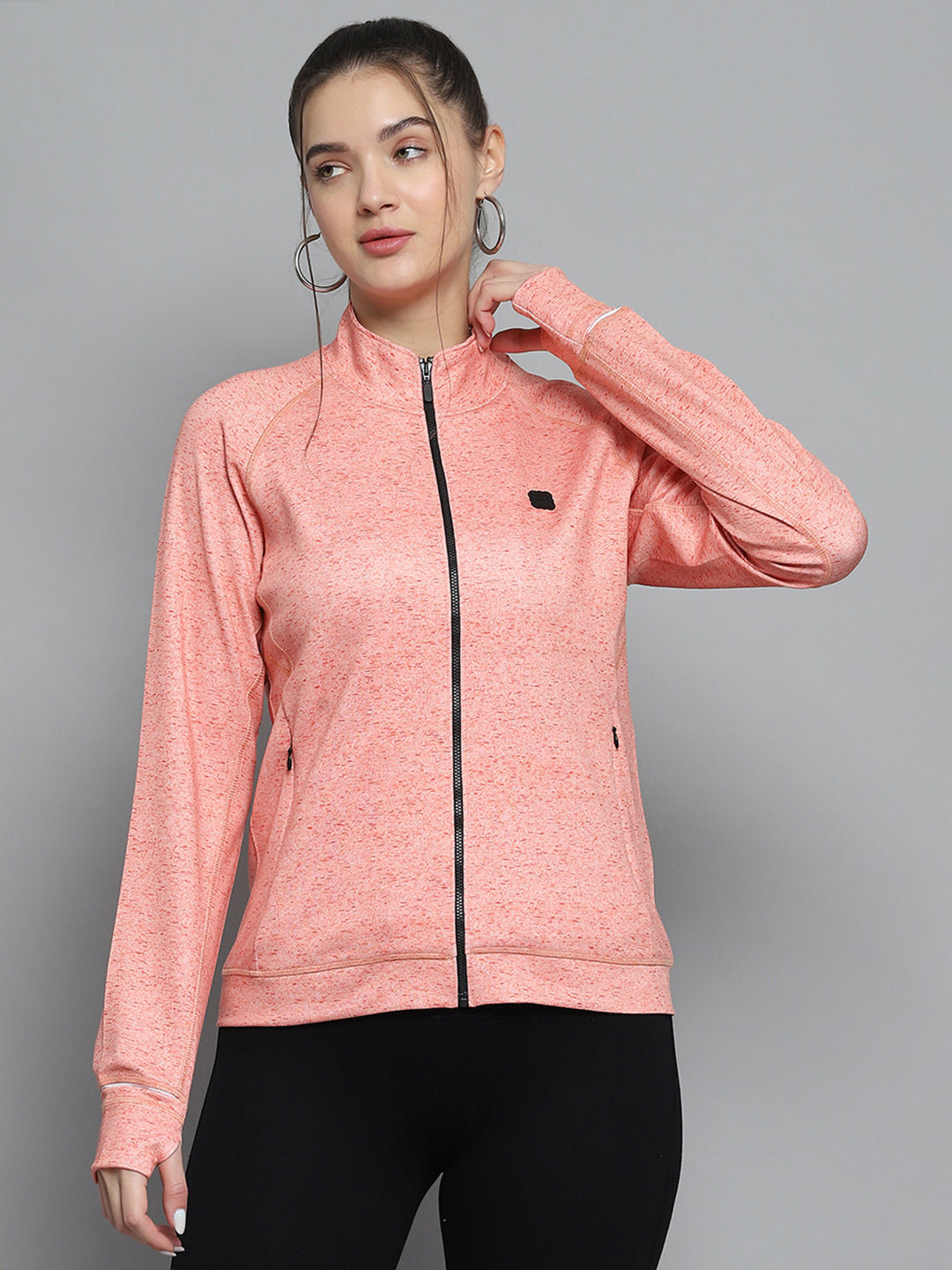 Rock.it Women Orange Printed Mock Neck Full Sleeve Sweatshirt