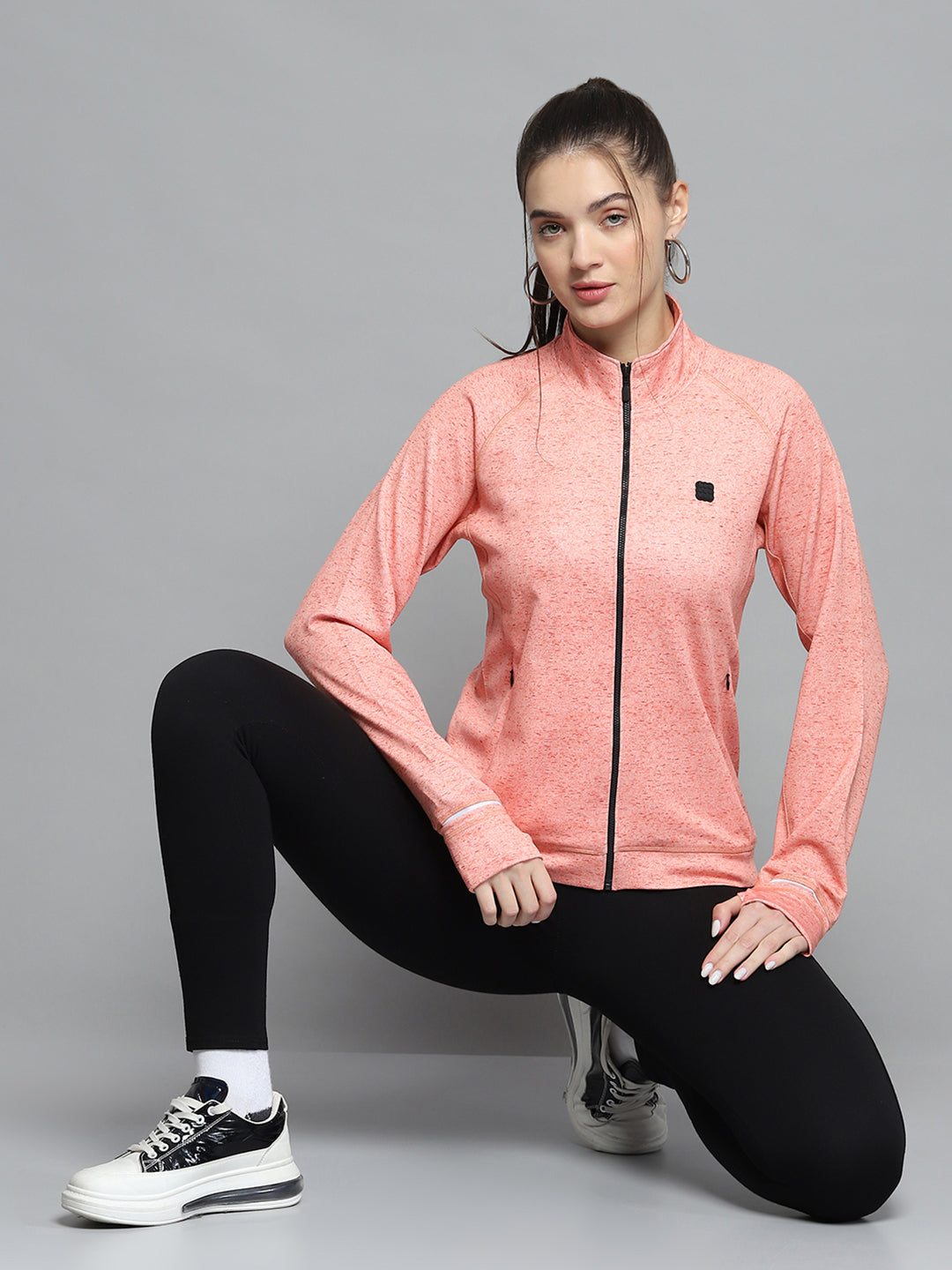 Rock.it Women Orange Printed Mock Neck Full Sleeve Sweatshirt