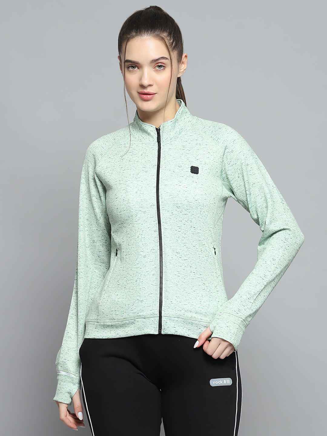 Rock.it Women Green Printed Mock Neck Full Sleeve Sweatshirt