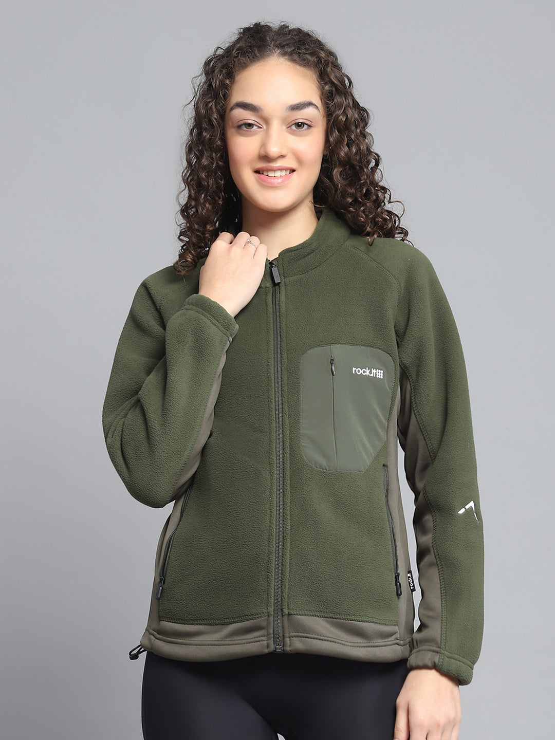 Rock.it Women Olive Solid Mock Neck Full Sleeve Sweatshirt