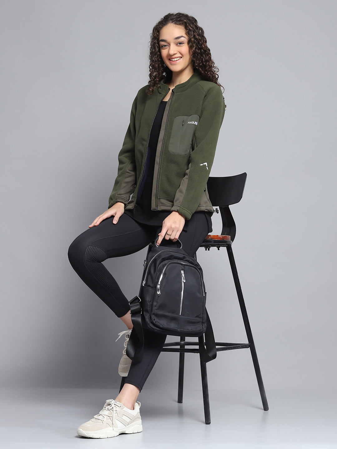 Rock.it Women Olive Solid Mock Neck Full Sleeve Sweatshirt