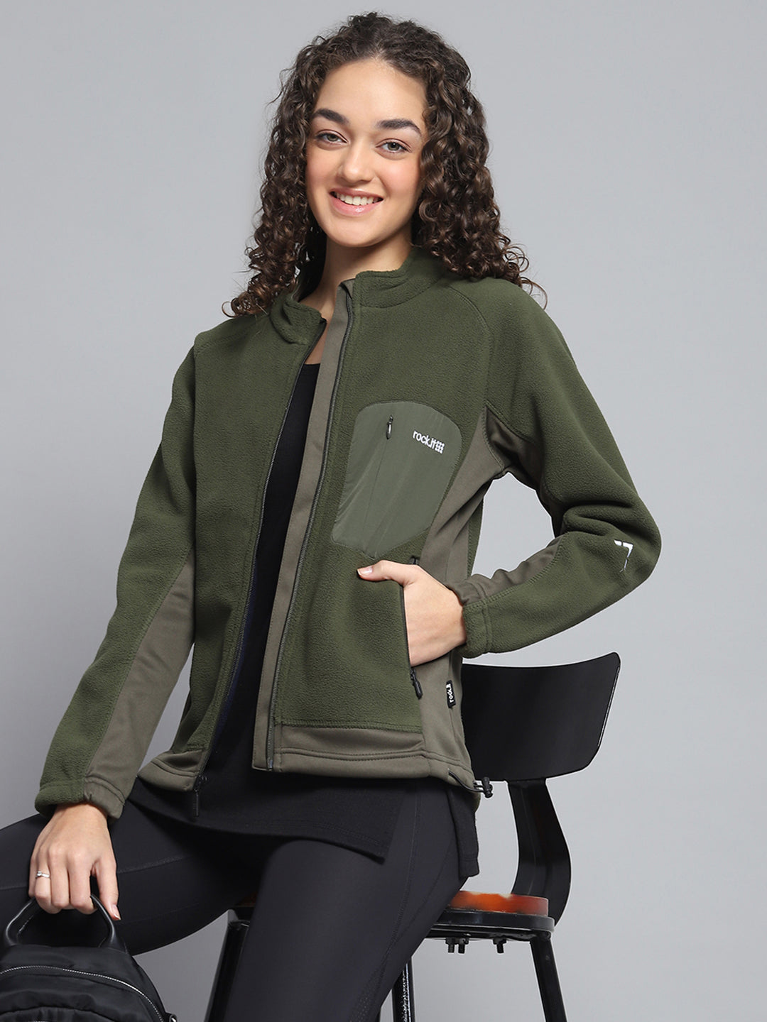 Rock.it Women Olive Solid Mock Neck Full Sleeve Sweatshirt