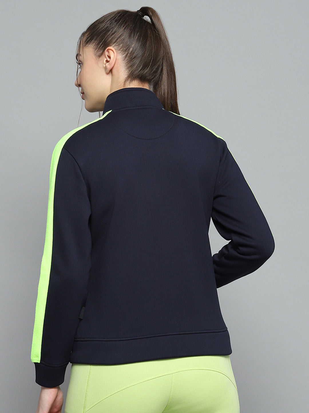 Rock.it Women Navy Blue Solid Mock Neck Full Sleeve Sweatshirt