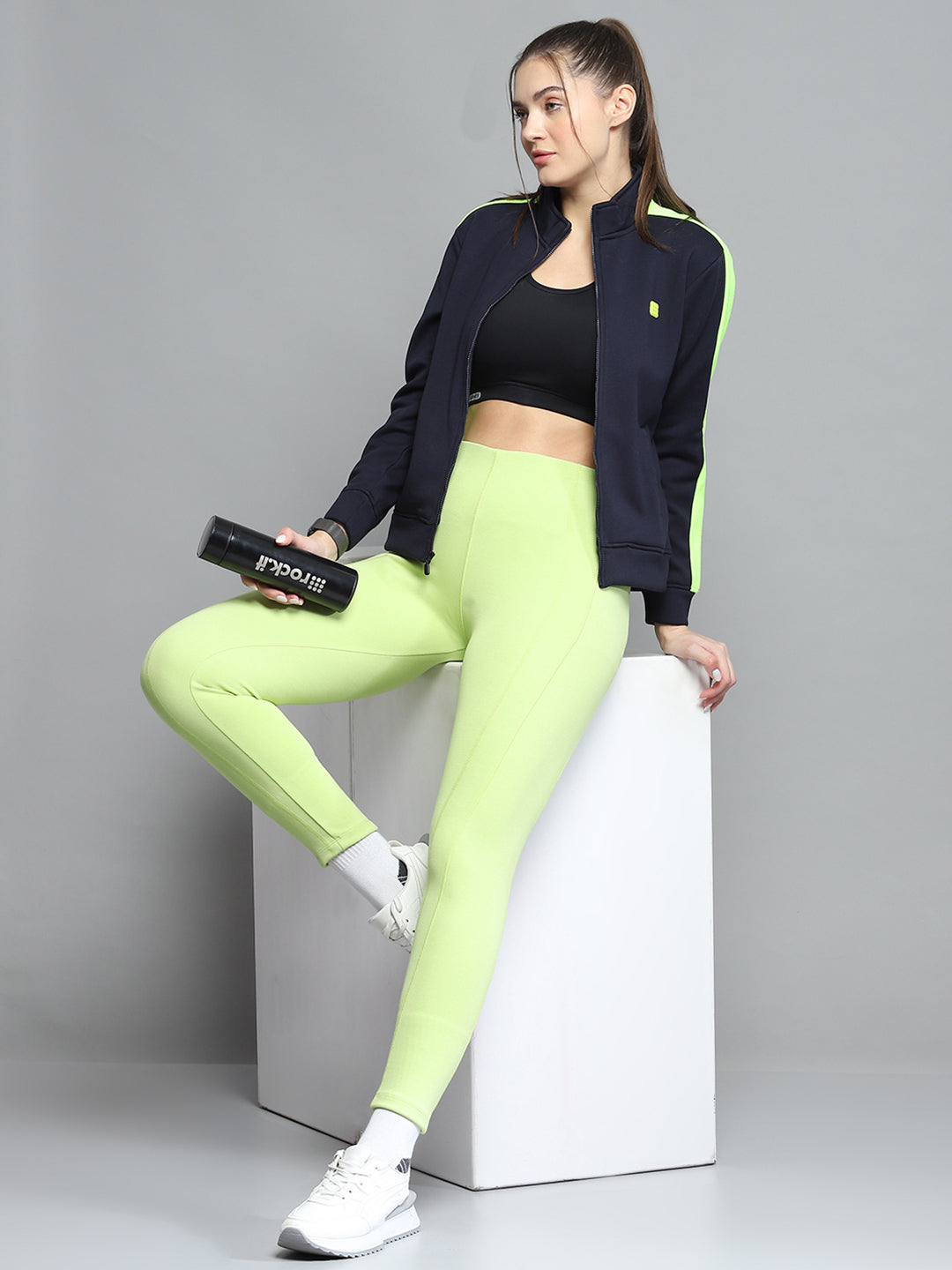 Rock.it Women Navy Blue Solid Mock Neck Full Sleeve Sweatshirt