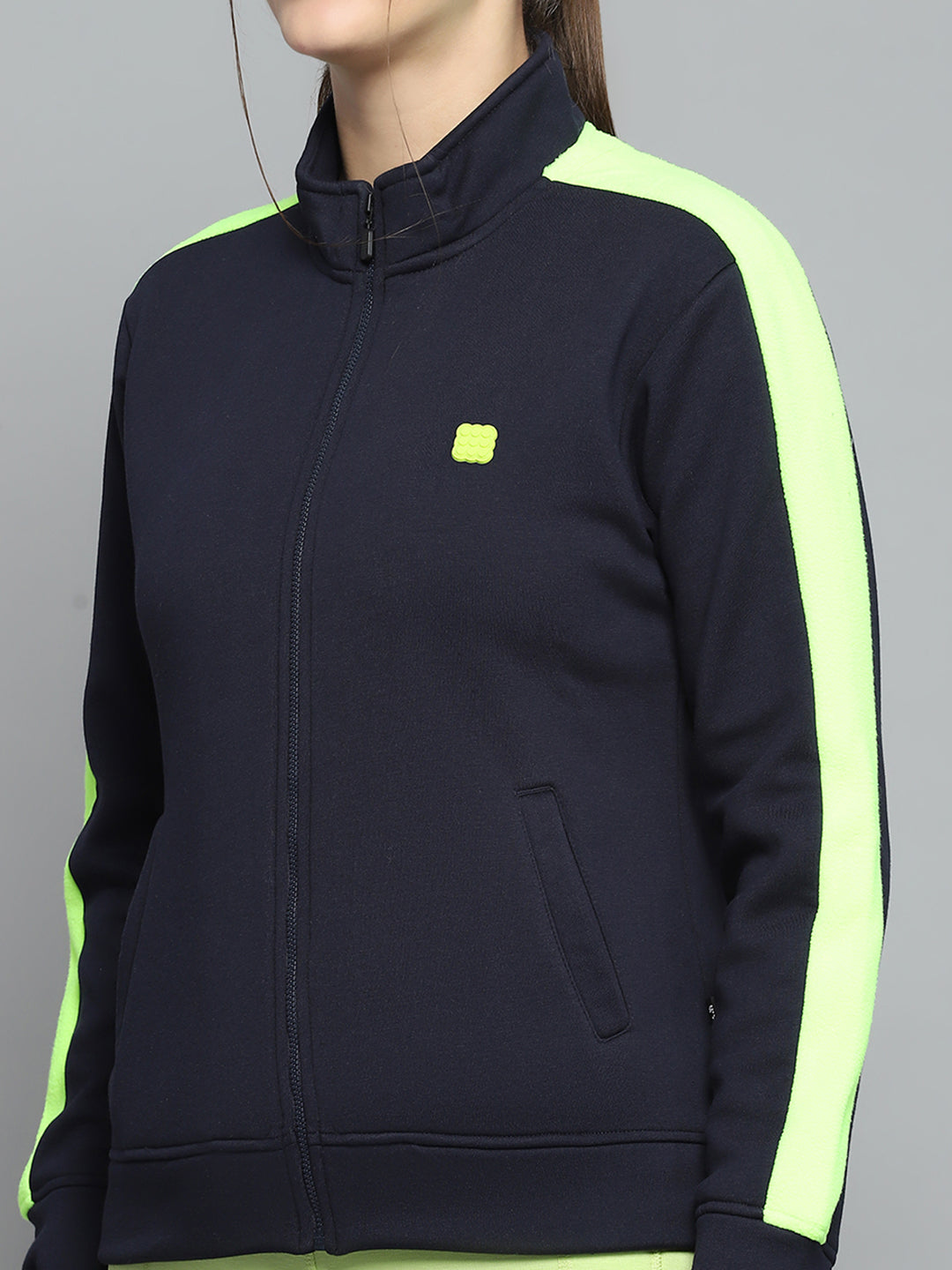 Rock.it Women Navy Blue Solid Mock Neck Full Sleeve Sweatshirt