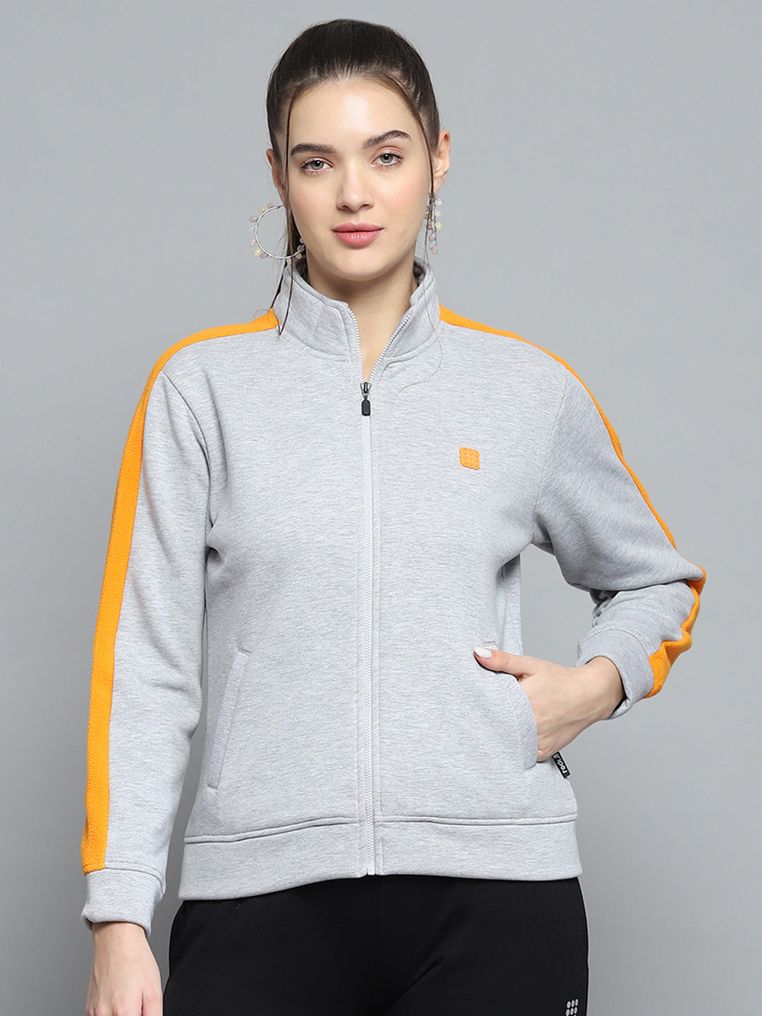 Rock.it Women Grey Solid Mock Neck Full Sleeve Sweatshirt